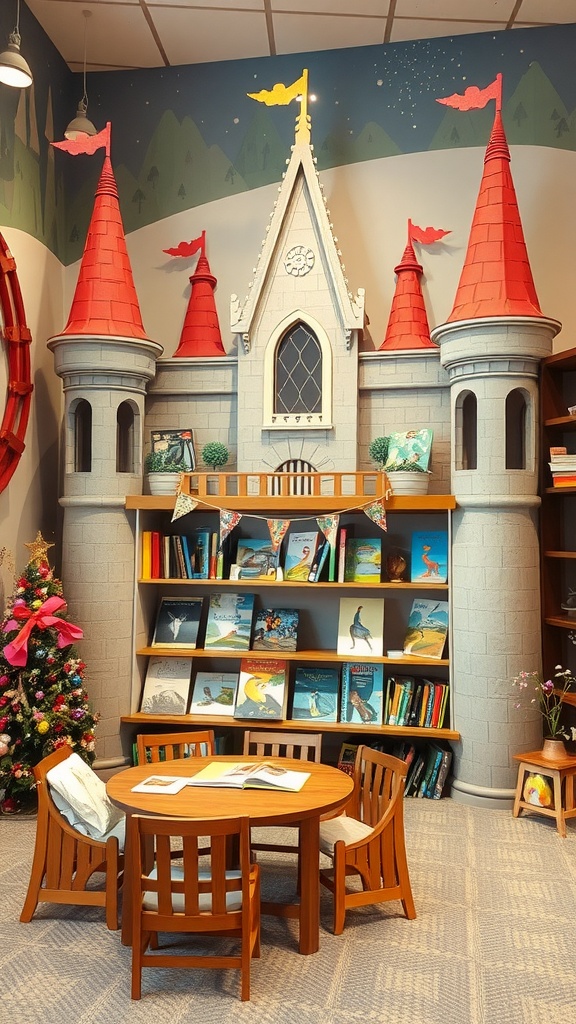 Cozy classroom reading corner designed like a castle with red towers, colorful flags, and a wooden table surrounded by chairs.