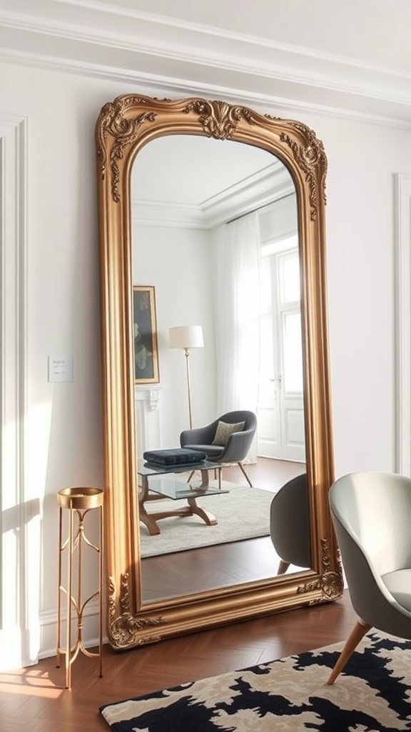 A large, ornate golden-framed mirror leaning against a wall in a stylish interior, reflecting light and space.