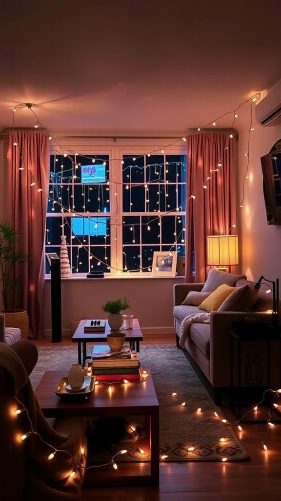 A cozy living room with string lights draped across the window and walls, creating a warm and inviting atmosphere.