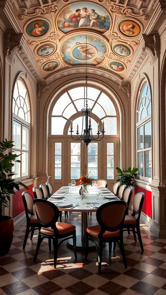 Luxurious Italian dining room featuring ornate ceiling frescoes, a round dining table, and elegant chairs