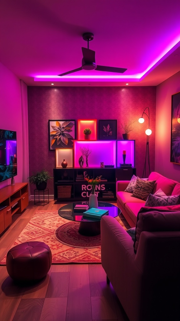 A stylish living room with pink and purple lighting accents, showcasing modern decor and furniture.
