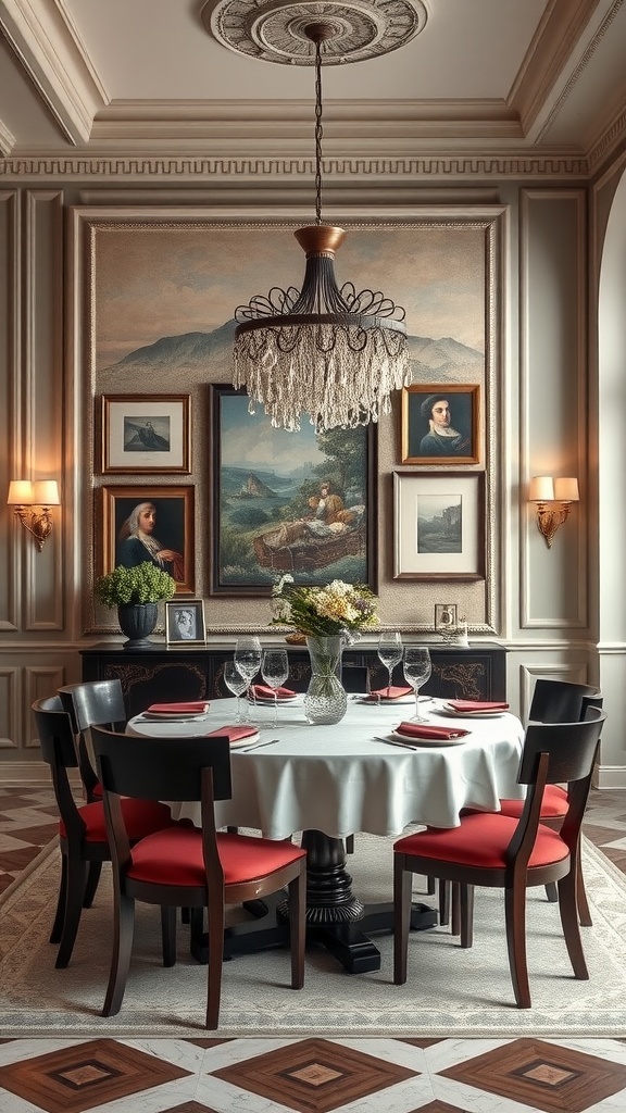 Luxurious Italian dining room with stylish accent wall featuring artwork and elegant chandelier