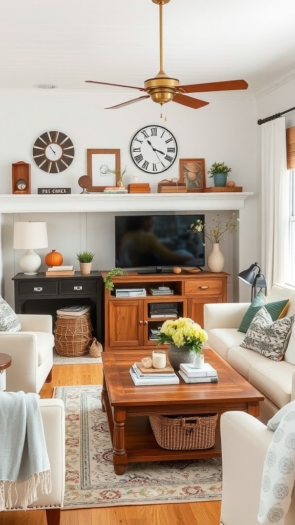 A cozy farmhouse living room with a wooden coffee table, wall clocks, and a mix of decorative items.