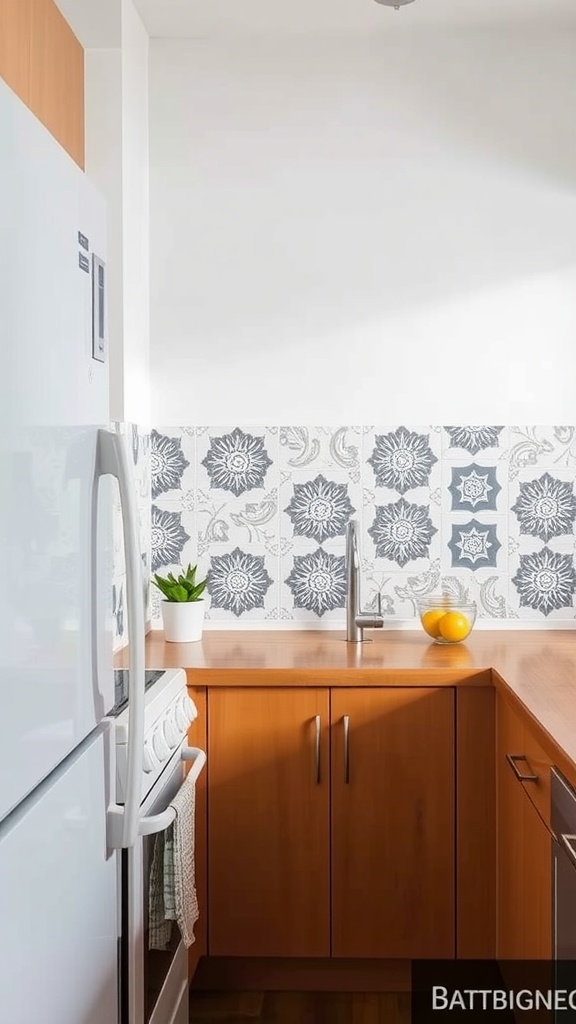 Stylish kitchen with a patterned backsplash and wooden cabinets