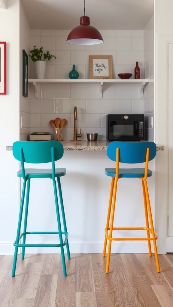 Two colorful bar stools in a small kitchen setting