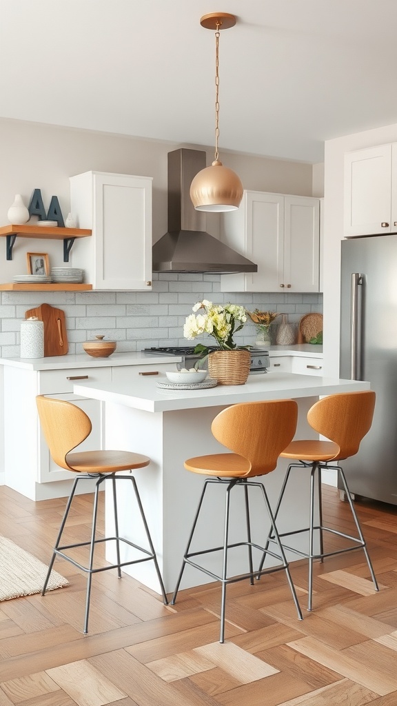 Modern kitchen featuring stylish bar stools with wood seats and metal legs, enhancing the space's comfort and style.