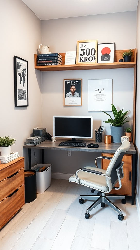 A stylish tiny home office with a modern desk, organized shelves, and a cozy chair.