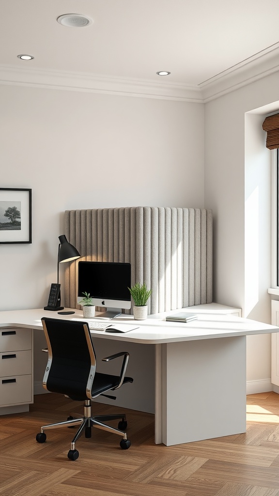 Modern double desk with divider in a small home office setting