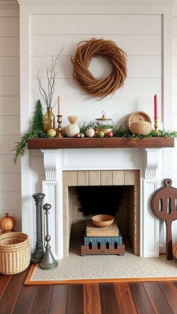 Cozy farmhouse fireplace mantel decorated with seasonal elements, including a wreath, candles, and woven baskets.