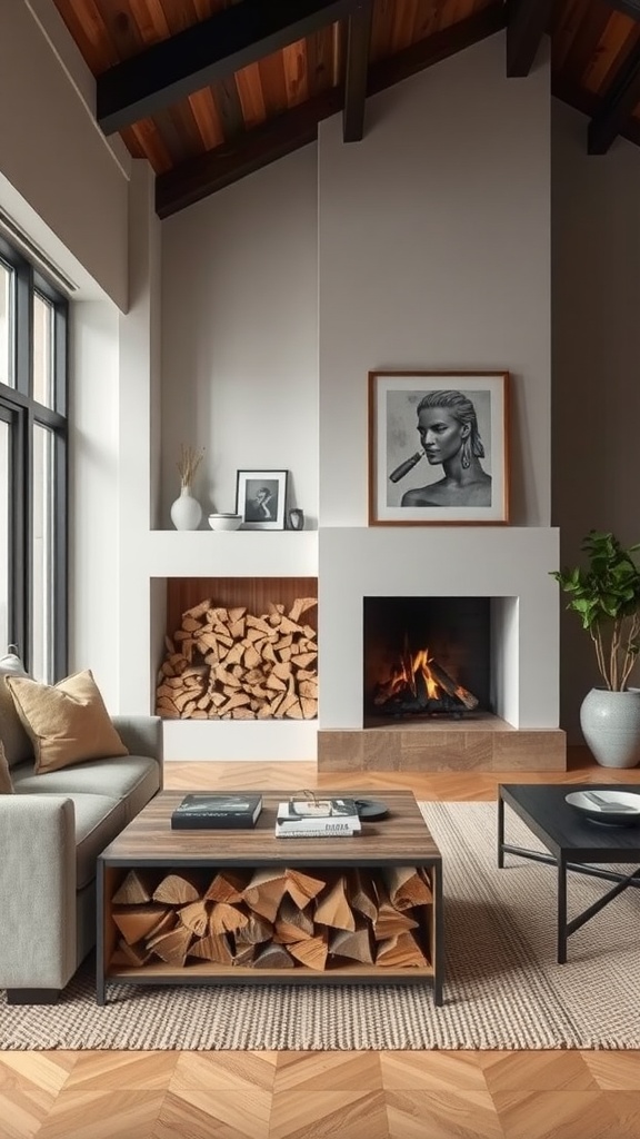 Stylish modern farmhouse living room with firewood storage solutions