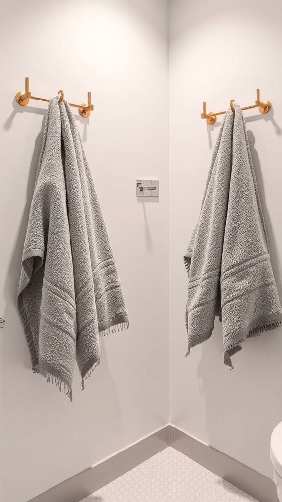Two gray bath towels hanging on golden hooks in a modern bathroom.