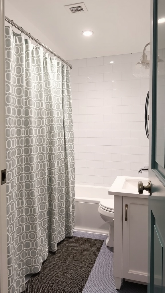 A stylish gray shower curtain in a modern bathroom with white tiles and gray flooring.