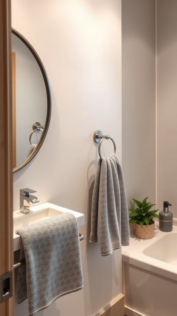 Stylish gray towel holder in a modern bathroom with gray towels and a plant