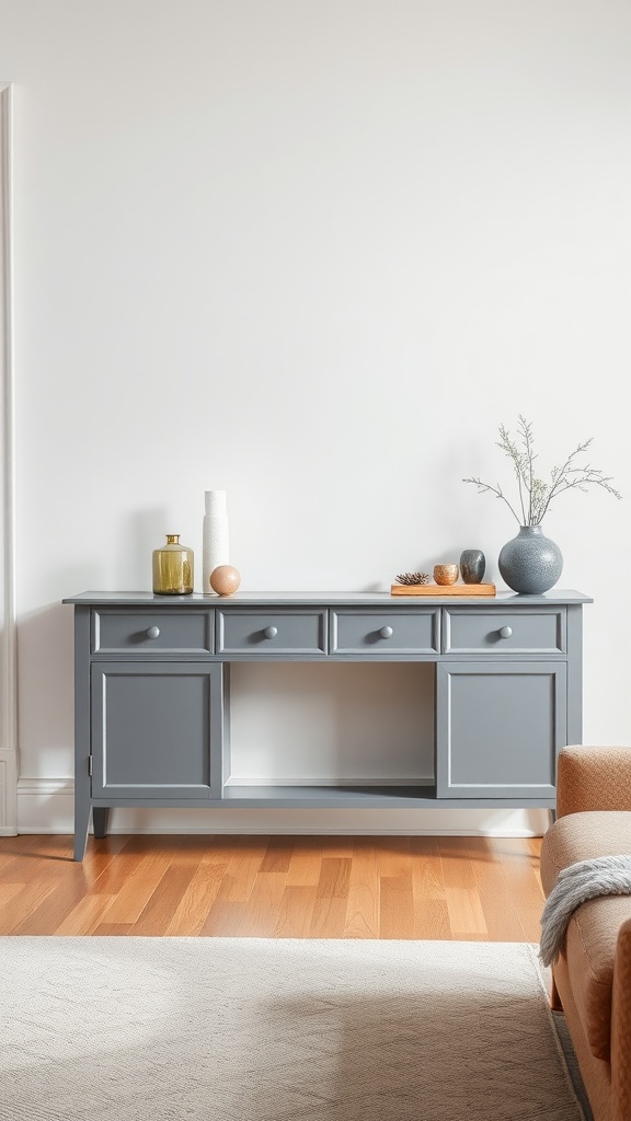 Stylish grey console table with decorative items on top in a modern farmhouse living room