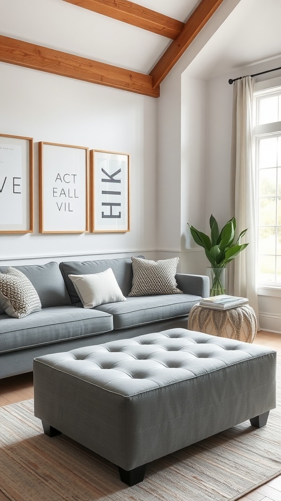 Stylish grey tufted ottoman in a modern farmhouse living room with grey sofa and wooden beams