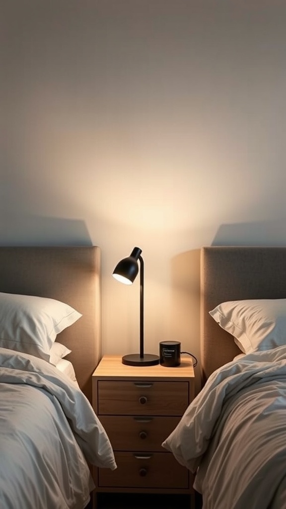 A stylish LED table lamp on a nightstand between two beds, creating a cozy atmosphere