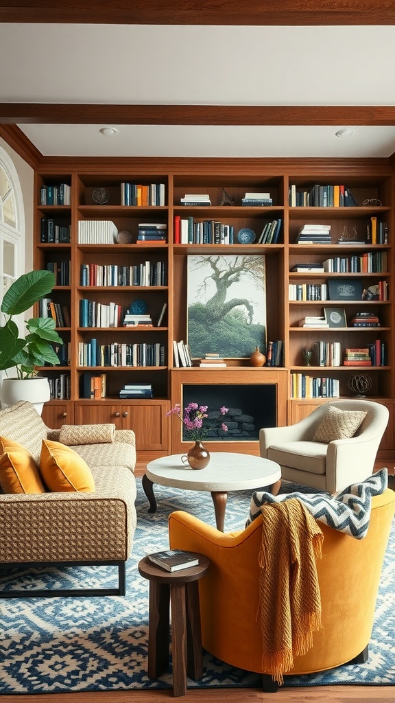 Stylish home library with wooden shelves, colorful seating, and artwork