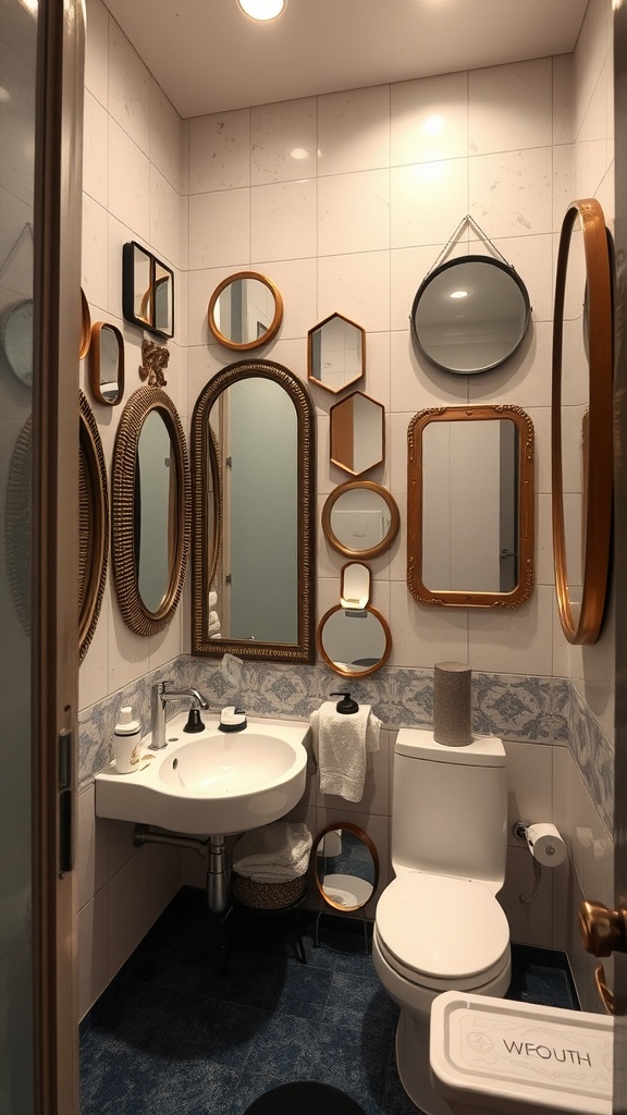 A stylish bathroom with a variety of mirrors in different shapes and sizes arranged on the wall.