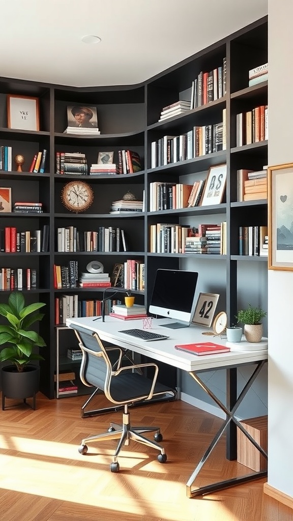 A stylish home office/library combo featuring a corner bookshelf with books, a modern desk with a computer, and a potted plant.