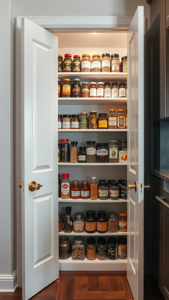 Well-organized pantry with open shelving filled with jars and spices.