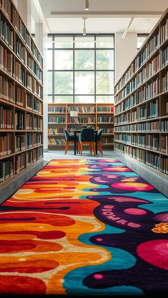 A colorful and vibrant rug in a library setting, contrasting with rows of bookshelves.