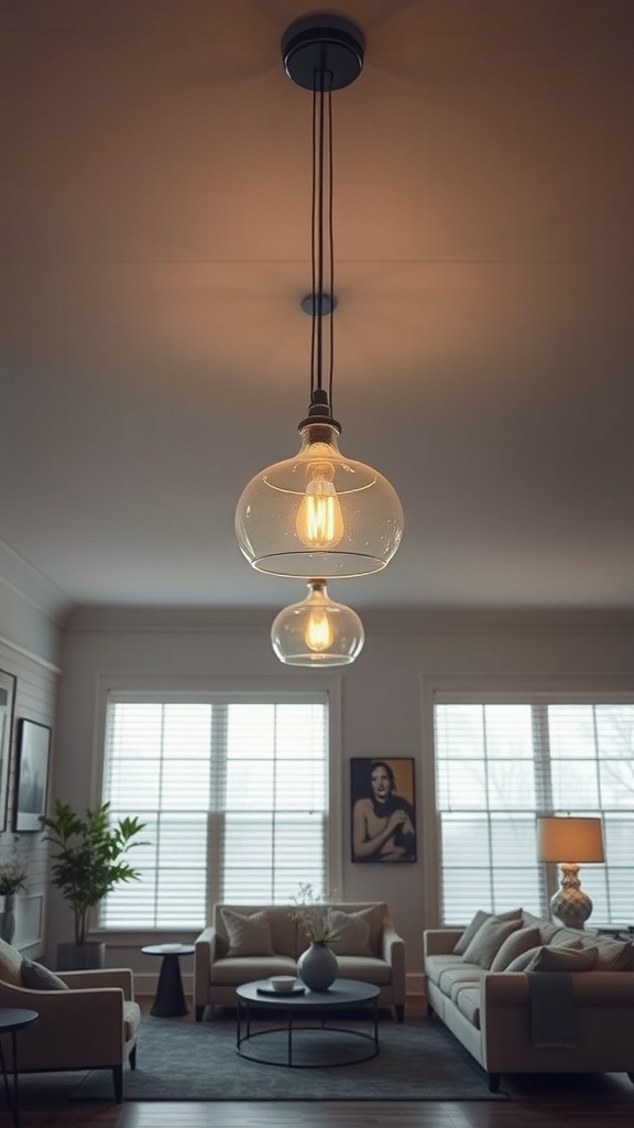 Two stylish glass pendant lights hanging over a cozy living room with a modern design.