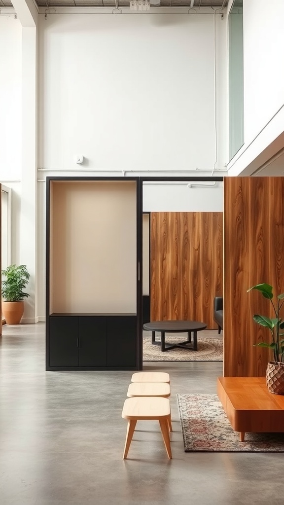 A modern interior with stylish room dividers made of wood and black materials, featuring a cozy seating area.