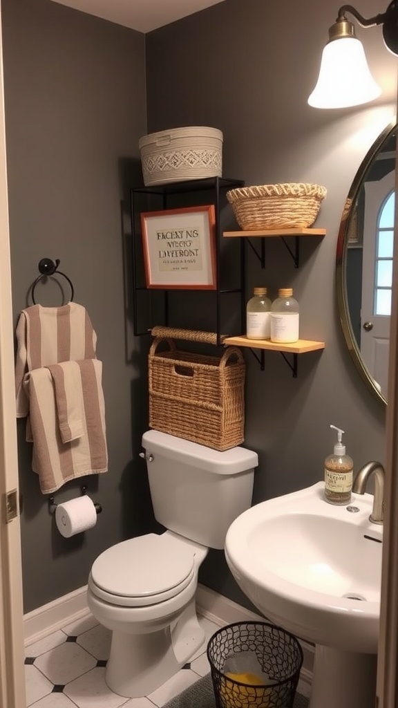 Stylish bathroom with metal shelves, decorative baskets, and gray walls