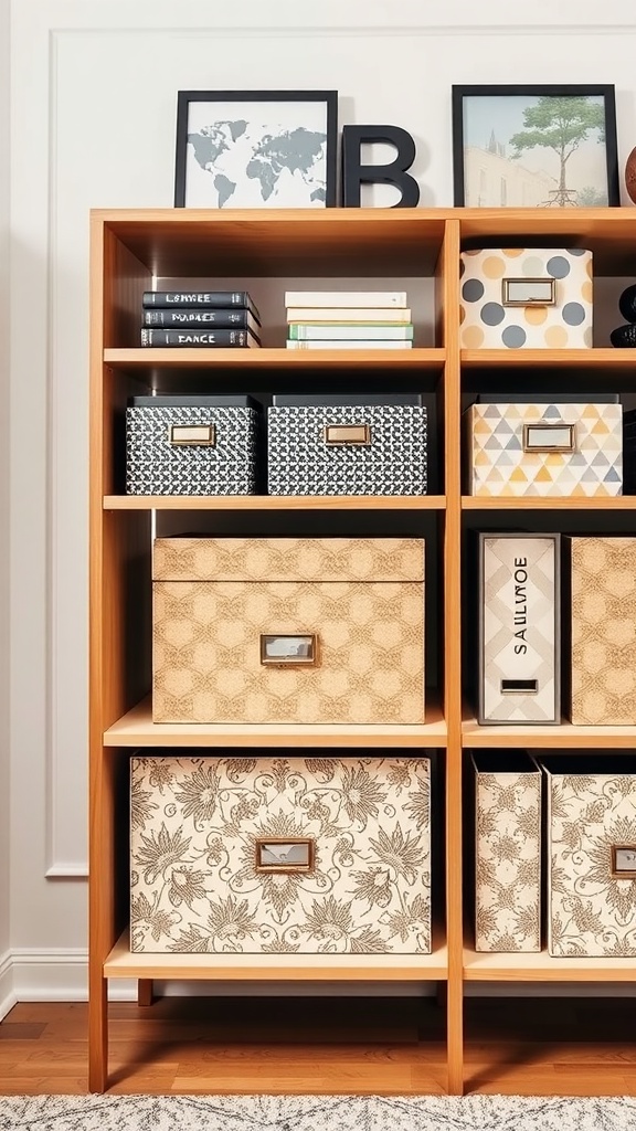 A stylish bookshelf with decorative storage boxes and books in a cozy home office.