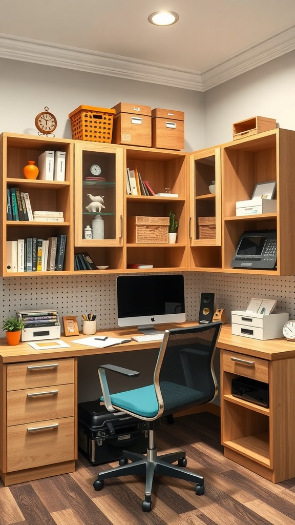 A stylish office layout featuring a wooden desk with storage, organized shelves, and a computer setup.