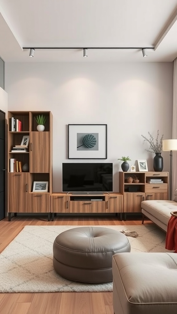 A stylish living room featuring wooden storage solutions, a modern TV unit, and a cozy ottoman.