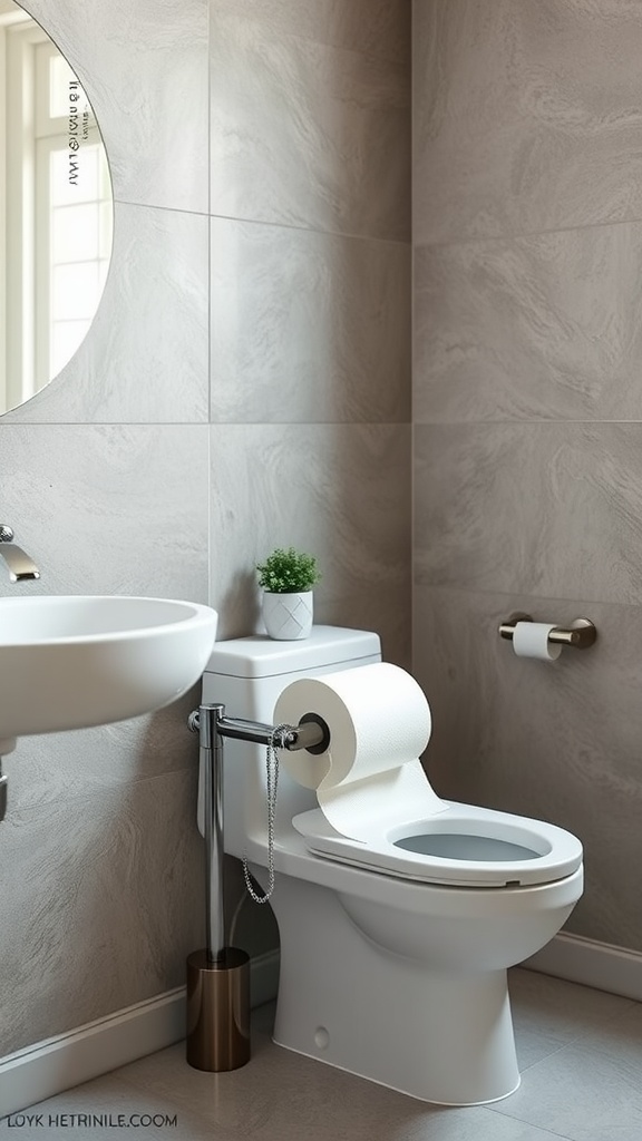 Modern bathroom with a sleek toilet paper holder and a small potted plant.