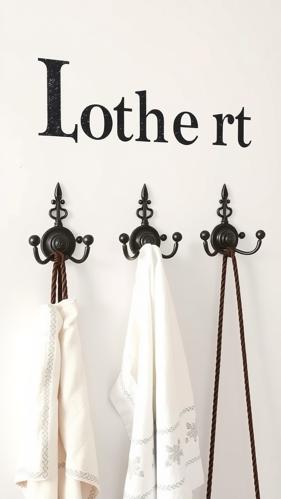 Three black wall hooks with towels hanging from them on a white wall.