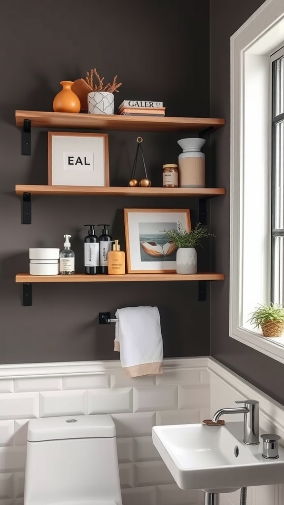 Stylish wooden wall shelving with decorative items in a bathroom