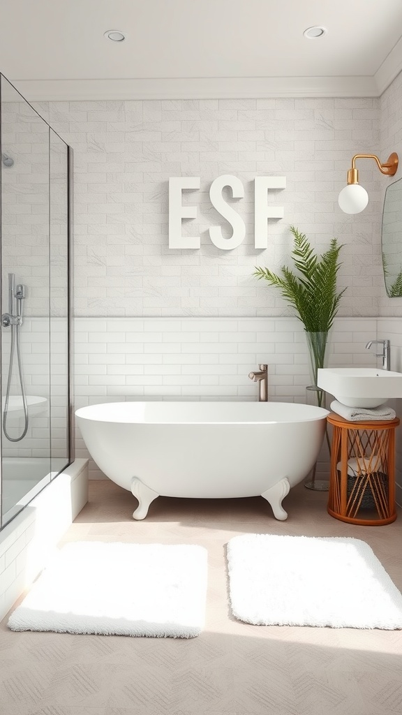 A stylish gray and white bathroom featuring white shower mats in front of a freestanding tub.