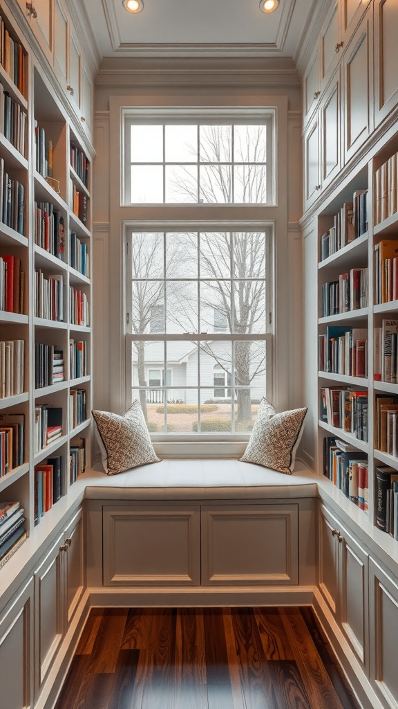 Cozy home library with a window seat and bookshelves