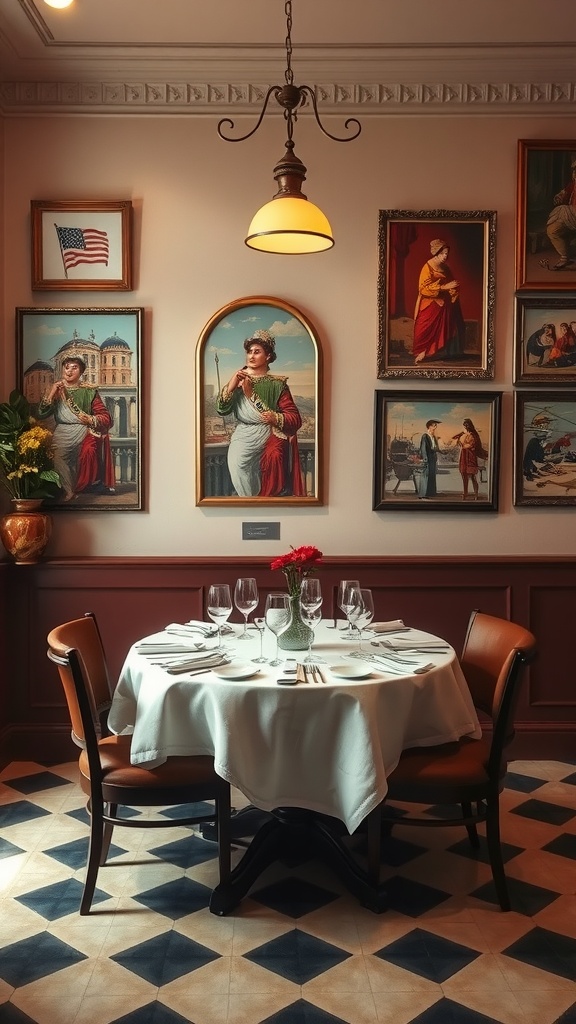 A luxurious Italian dining room featuring stylized artwork on the walls and a elegantly set table.