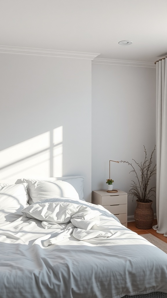 A cozy bedroom featuring white bedding, a modern bedside table, and a potted plant, illuminated by soft sunlight.