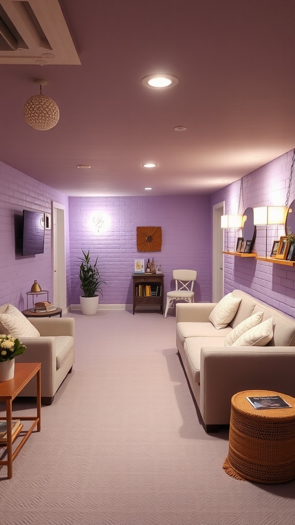 A cozy basement with subtle lavender walls, light furniture, and soft lighting, creating a serene atmosphere.