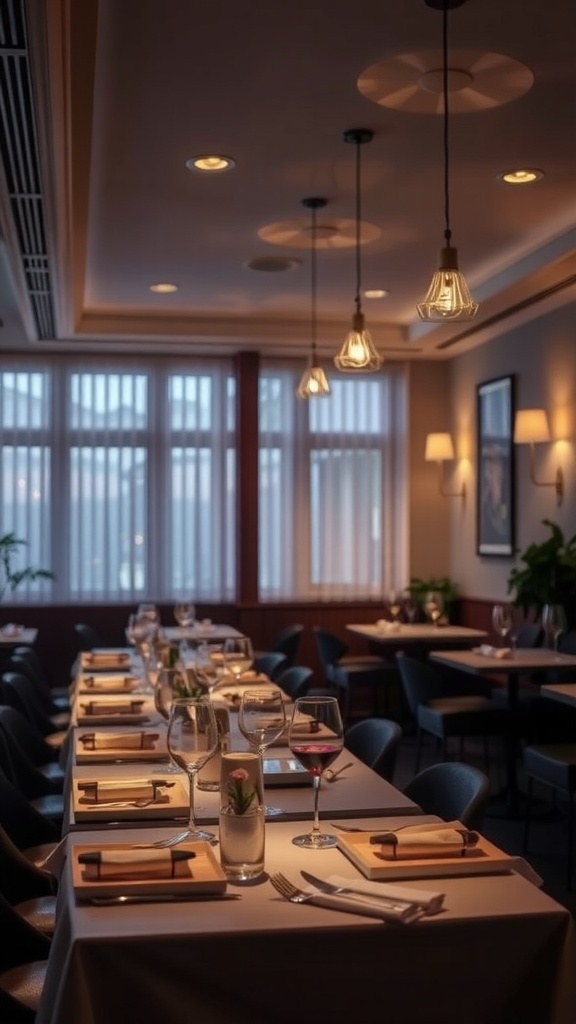 A beautifully lit Italian dining room with elegant table settings and soft hanging lights.