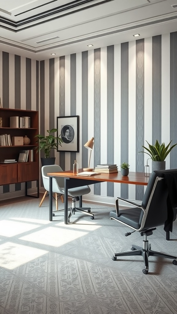 A modern office space featuring subtle gray and white striped walls, a sleek wooden desk, and stylish chairs.