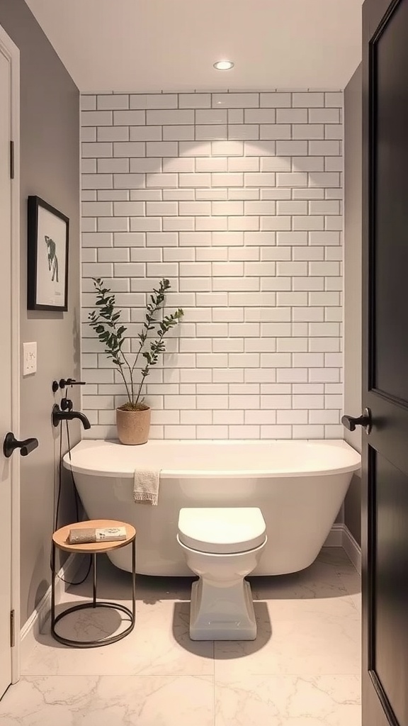 A small transitional bathroom featuring a white subway tile backdrop, a modern bathtub, and a potted plant.