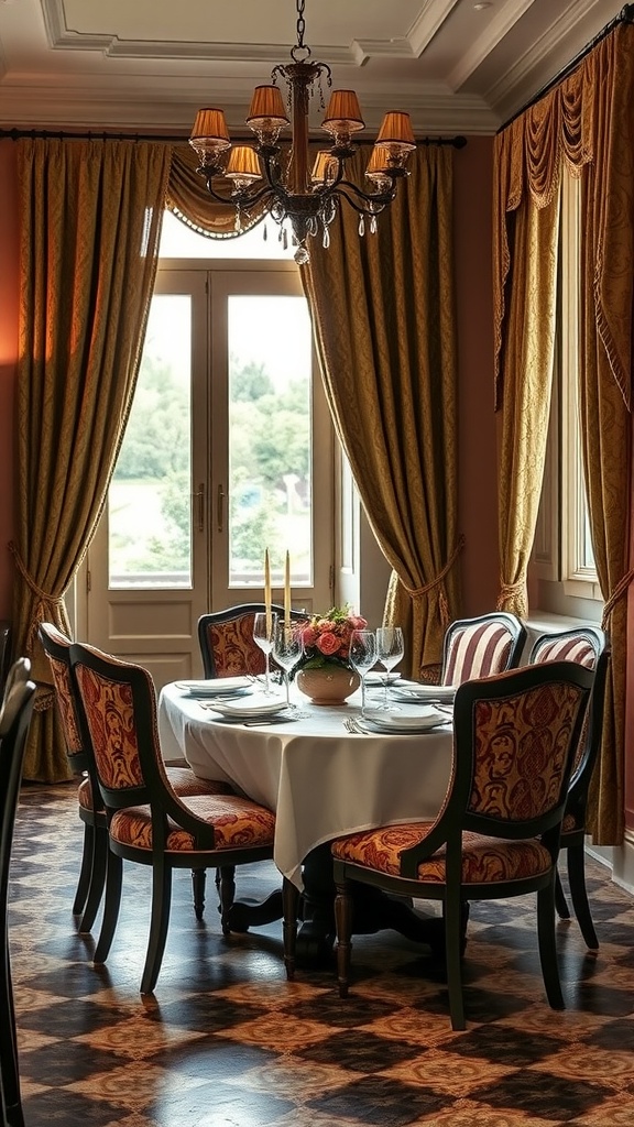 Luxurious Italian dining room with sumptuous fabrics and elegant decor