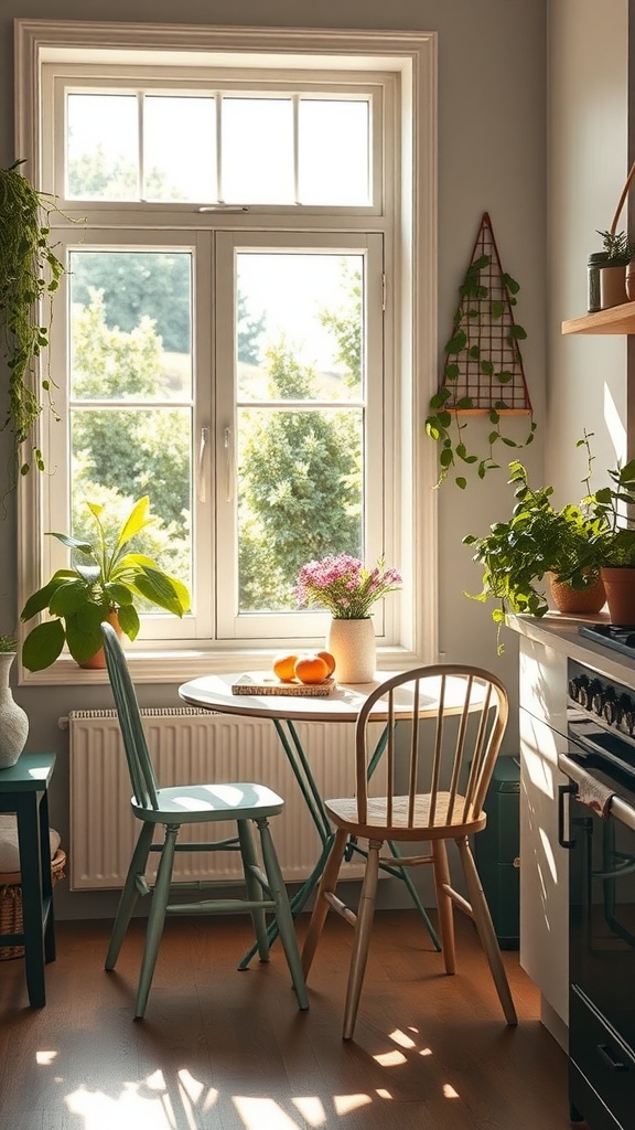 A cozy kitchen nook with a round table, two chairs, and plants, filled with sunlight