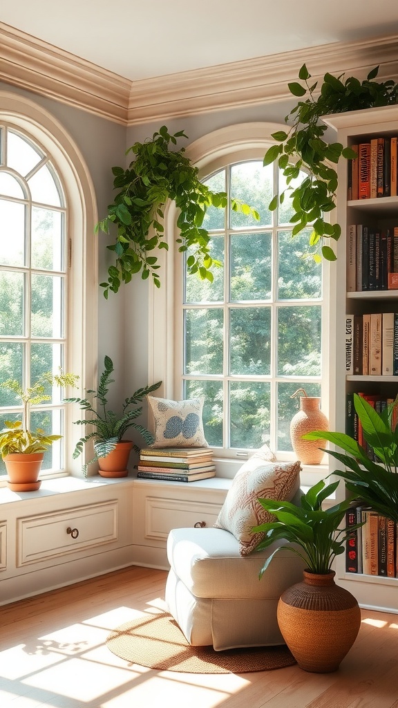 A sunlit home library featuring a cozy window seat surrounded by plants and books