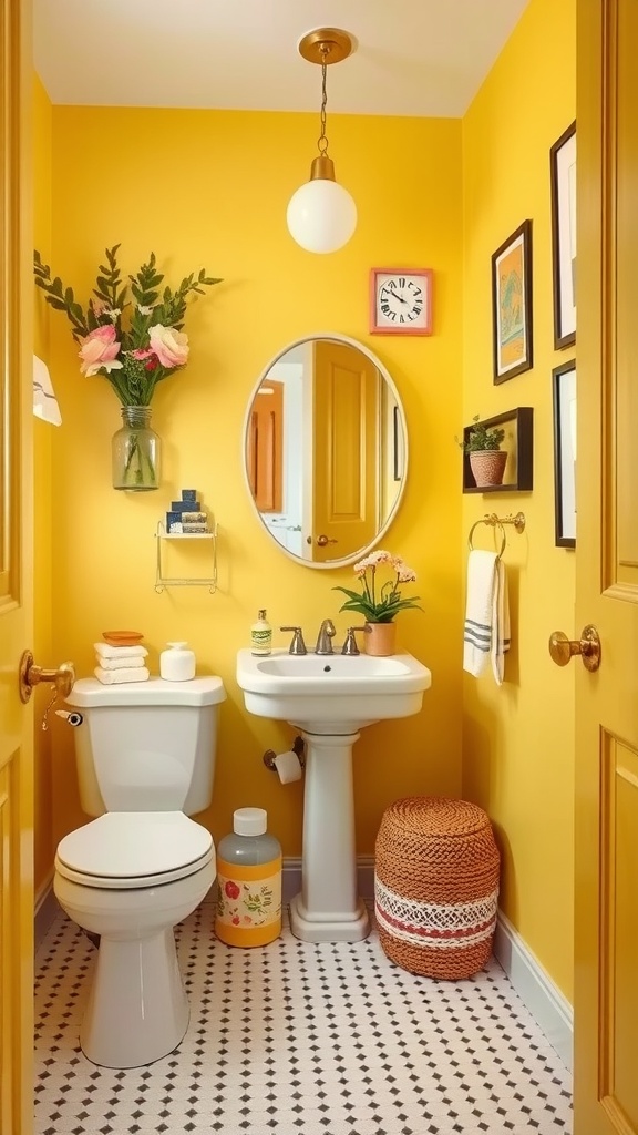 Small bathroom with sunny lemon yellow walls, white fixtures, decorative plants, and charming decor.