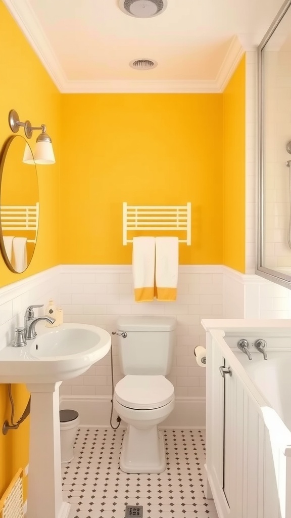 Bathroom featuring sunny yellow walls and white fixtures, creating a bright and cheerful atmosphere.