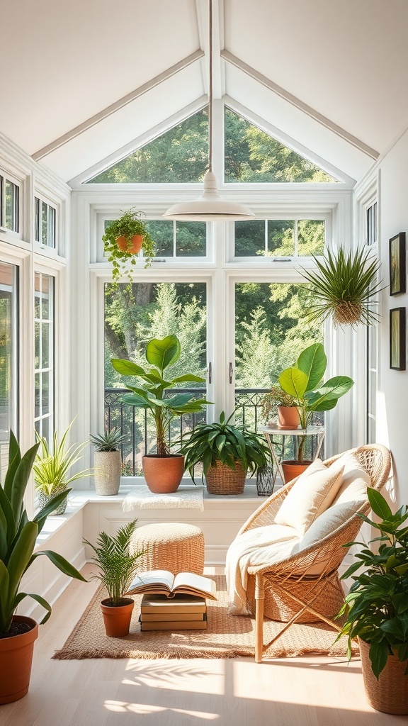 A sunroom filled with plants, featuring a cozy chair and a stack of books on the floor.