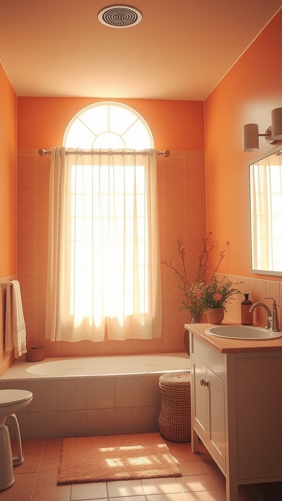 A cozy bathroom with warm orange walls, natural light, and white accents.