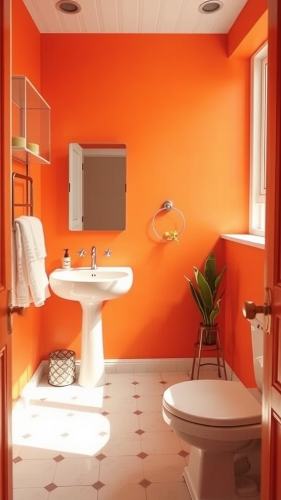 A small bathroom painted in sunset orange with a sink, toilet, and plants.